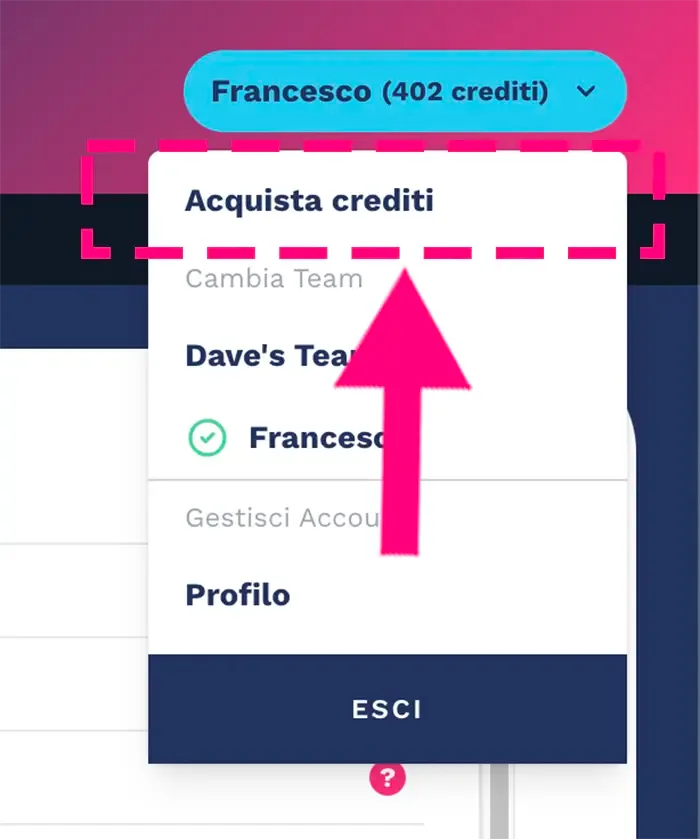 Voce di menu per acquistare altri crediti di profilazione psicometrica e ricaricare l'account