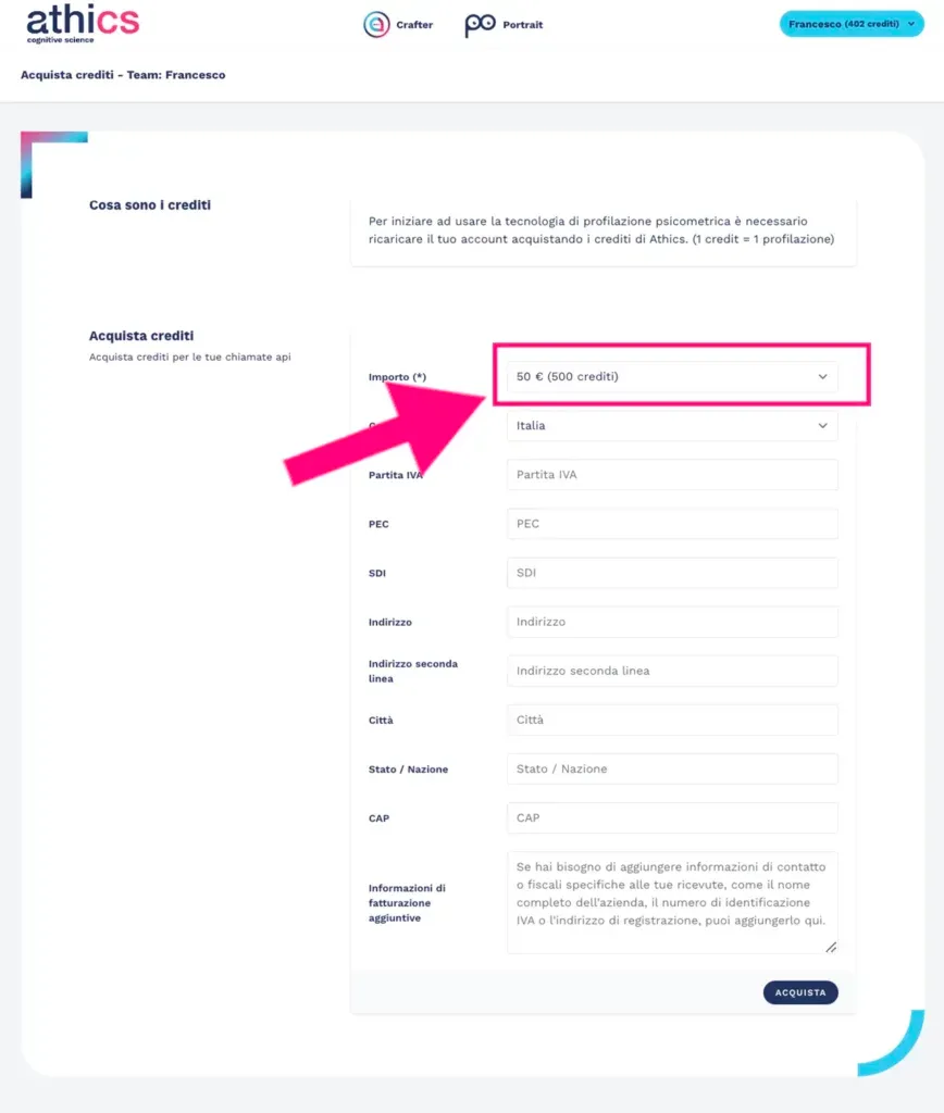 Selezione del numero di token da acquistare per ricaricare l'account Portrait