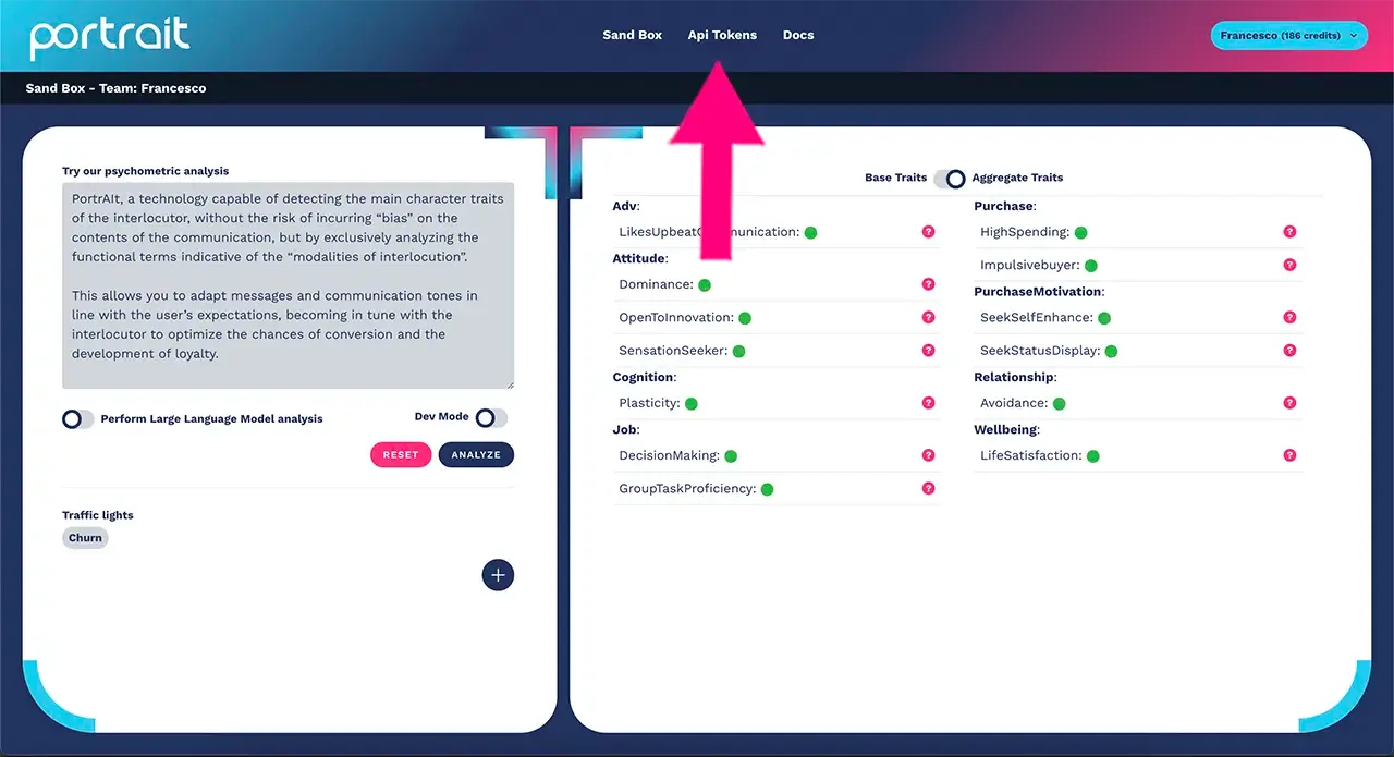 Menu item to create a psychometric profiling API key
