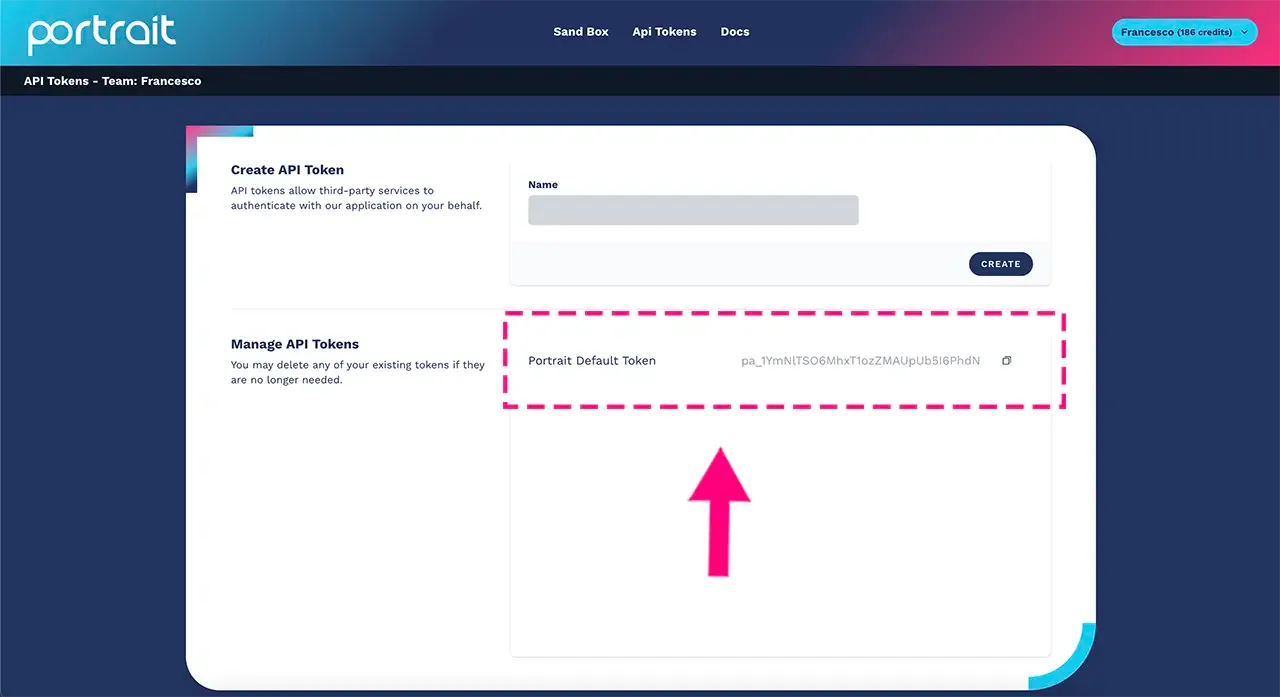 Default API token automatically created by the Portrait platform