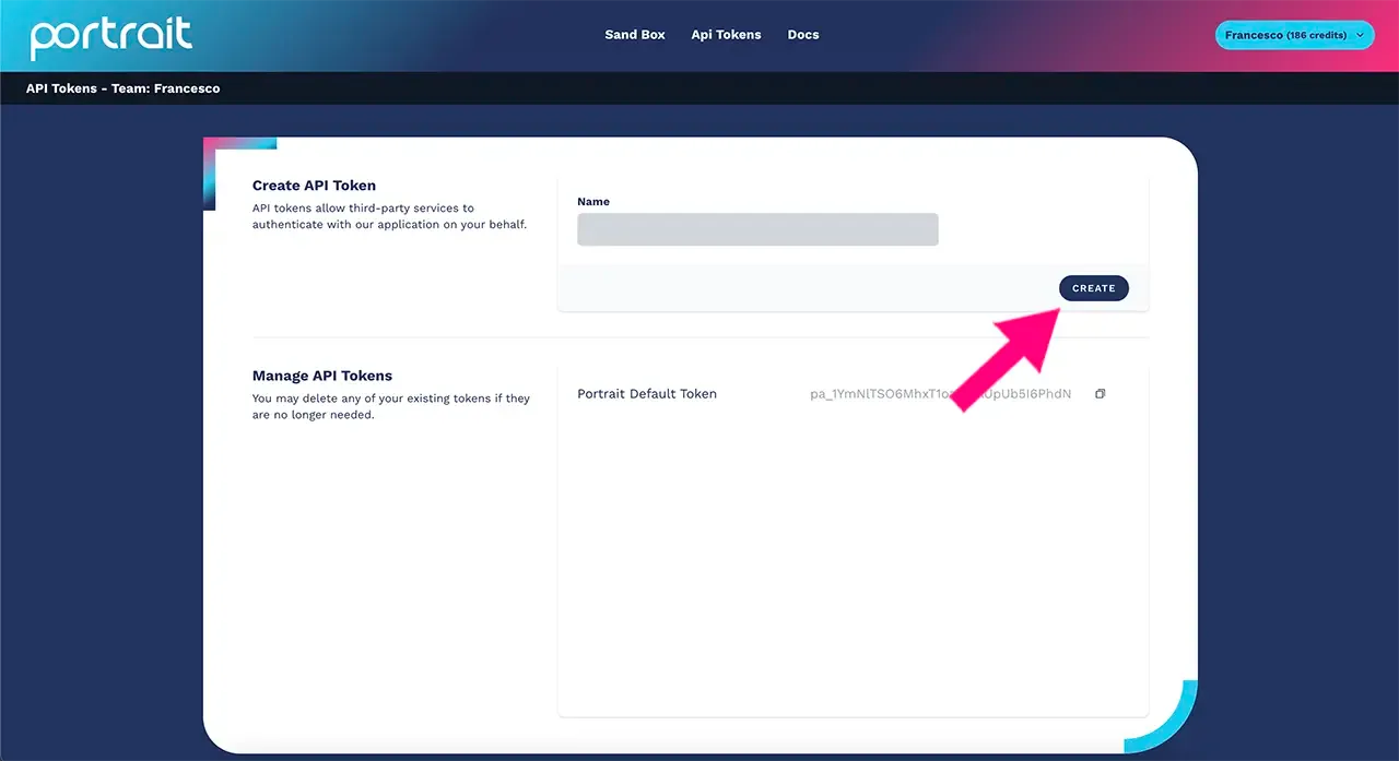 Button to save and create the API token