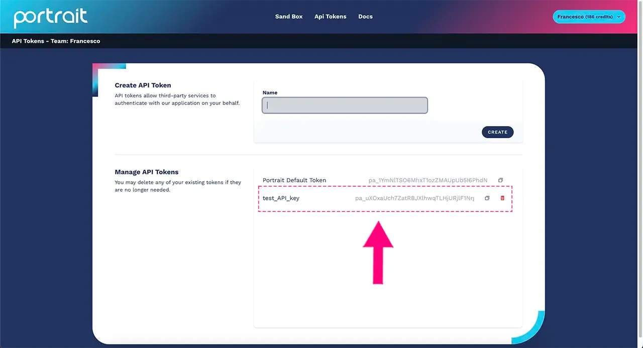 API key created correctly and listed in the Portrait platform