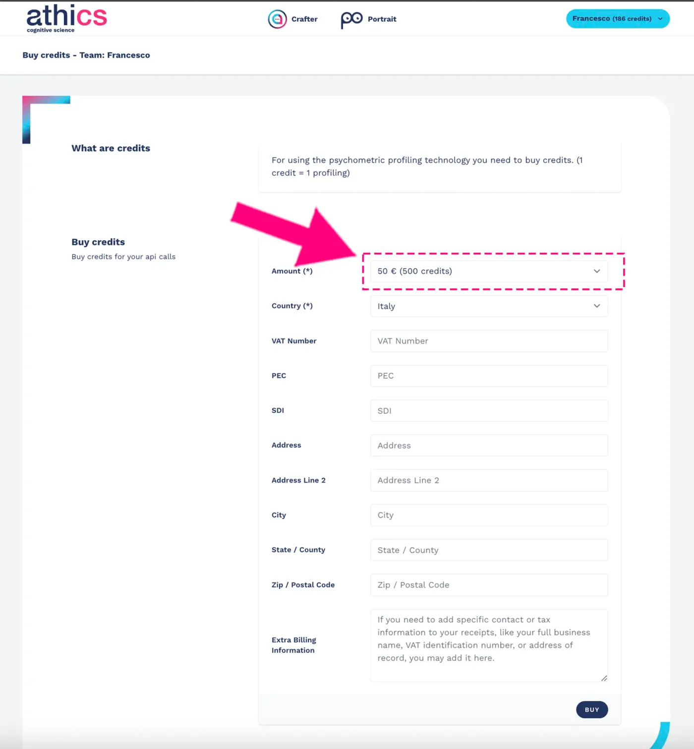 Selecting the number of tokens to buy to top up the Portrait account