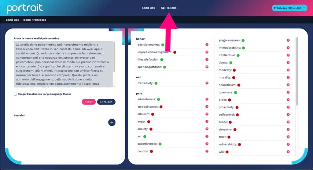 Voce di menu per creare una chiave API di profilazione psicometrica