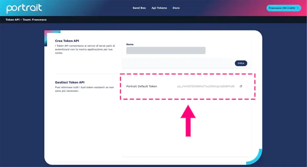 Token API di default creato automaticamente dalla piattaforma Portrait