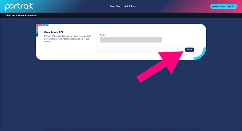 Pulsante per salvare e creare il token API