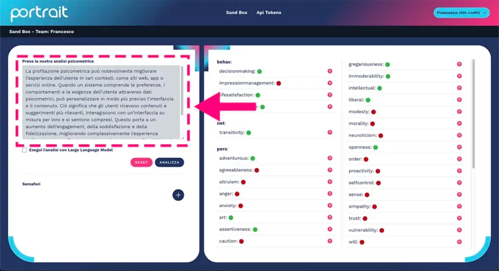Sandbox per iniziare la profilazione psicometrica di Portrait con inserimento del testo
