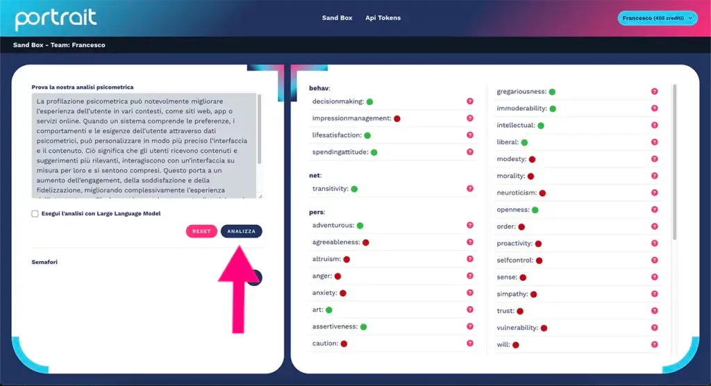 Invio del testo per avviare l'analisi psicografica con Portrait