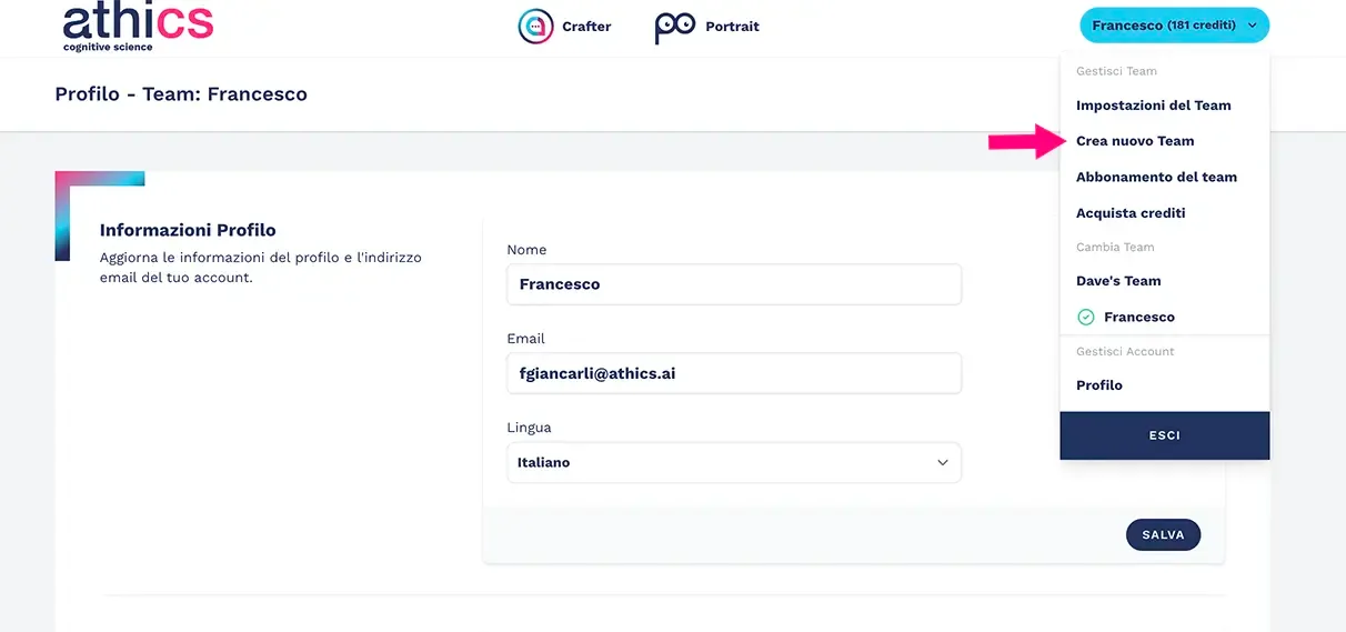 Come creare un nuovo Team di profilazione psicometrica