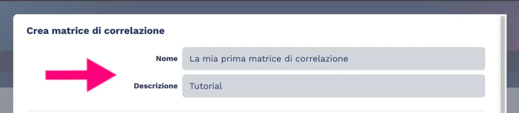 Campi per inserire nome e descrizione della matrice di correlazione