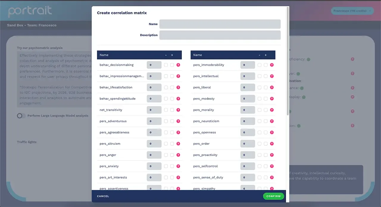 Interface to create a correlation matrix in Portrait psychometric profiling