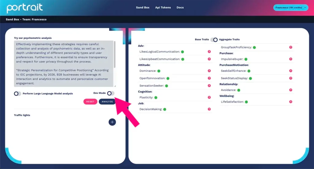 Pulsante per abilitare il Dev Mode della piattaforma Portrait