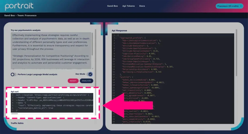 cURL del Dev Mode nella piattaforma di profilazione psicometrica Portrait