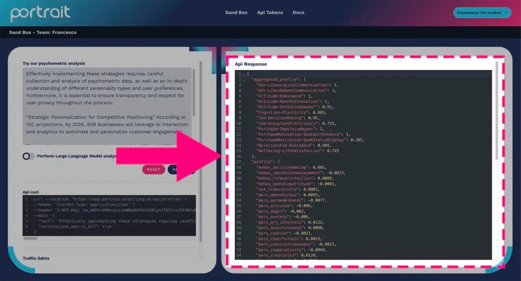 Risposta JSON del Dev Mode nella piattaforma Portrait