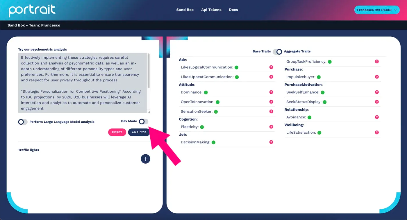 Button to enable Dev Mode in the Portrait platform