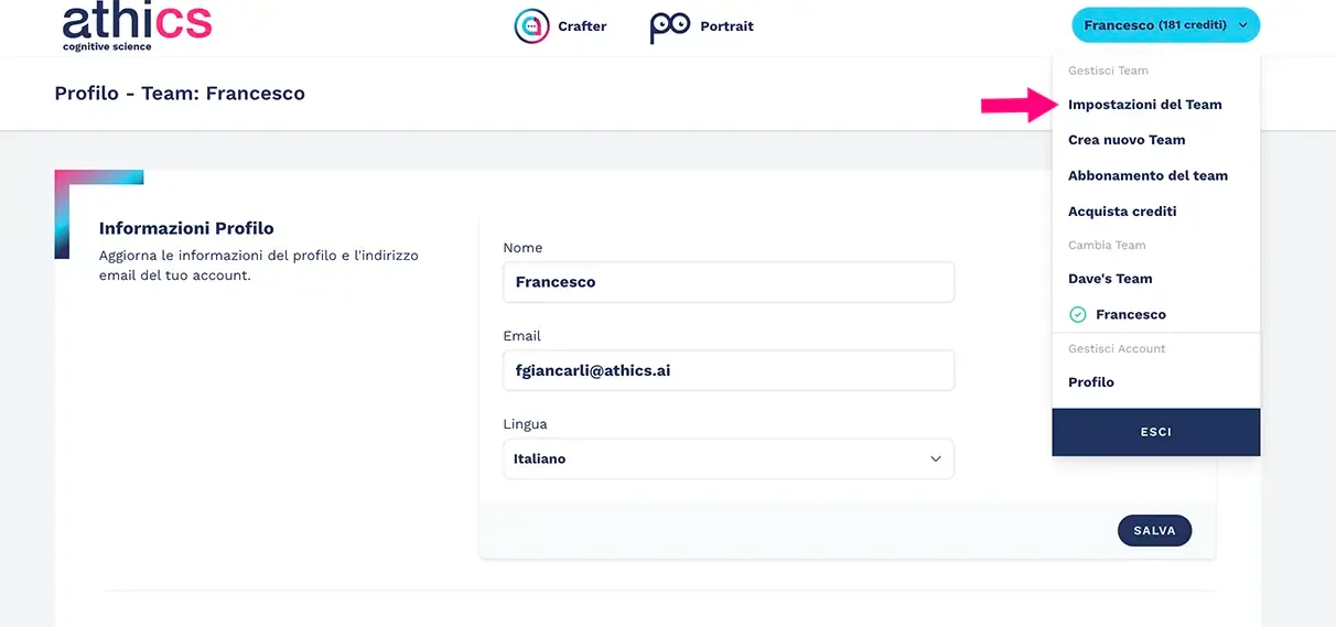 Voce di menu impostazioni del Team di profilazione psicometrica