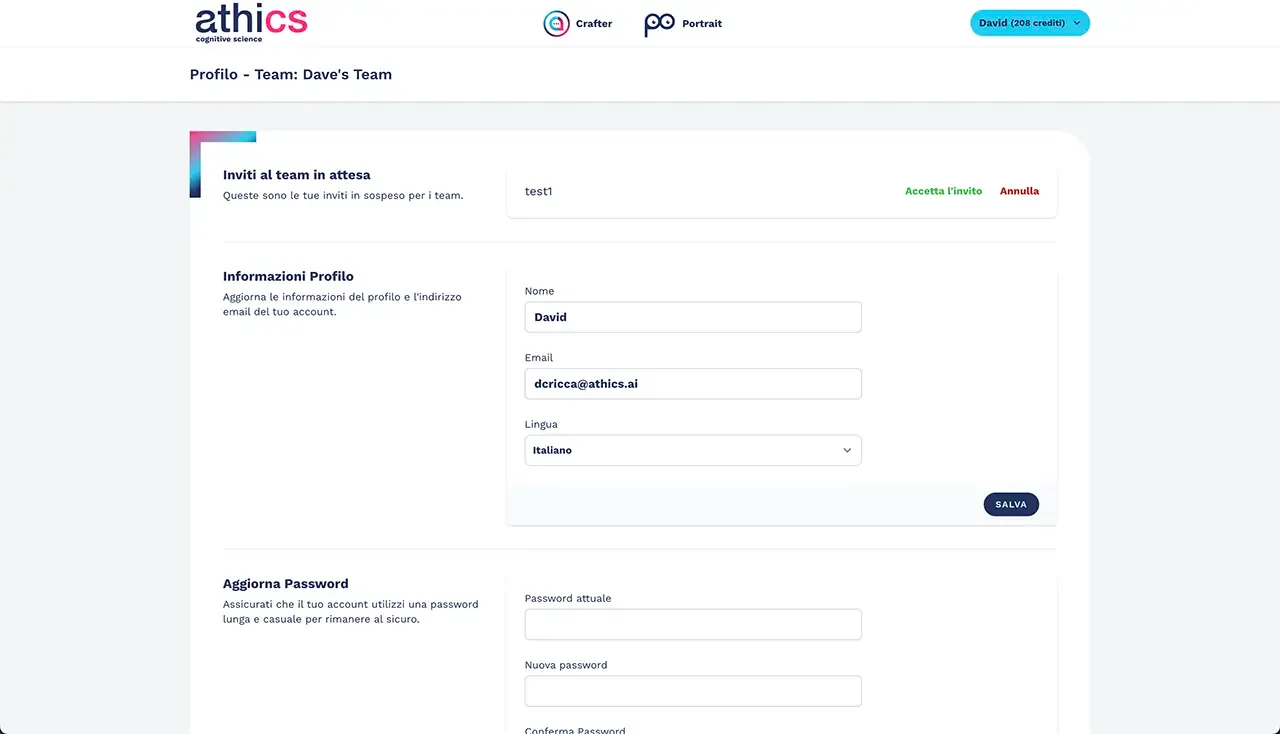 Notifica di invito da accettare per entrare a far parte del Team di profilazione psicometrica