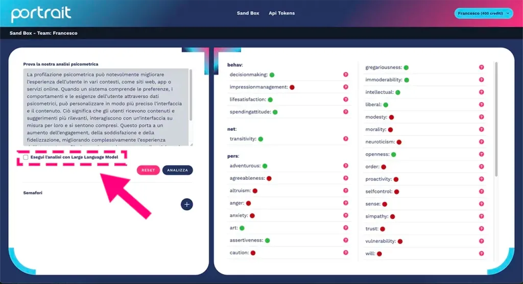 Checkbox per interpretare il profilo psicometrico con un large language model