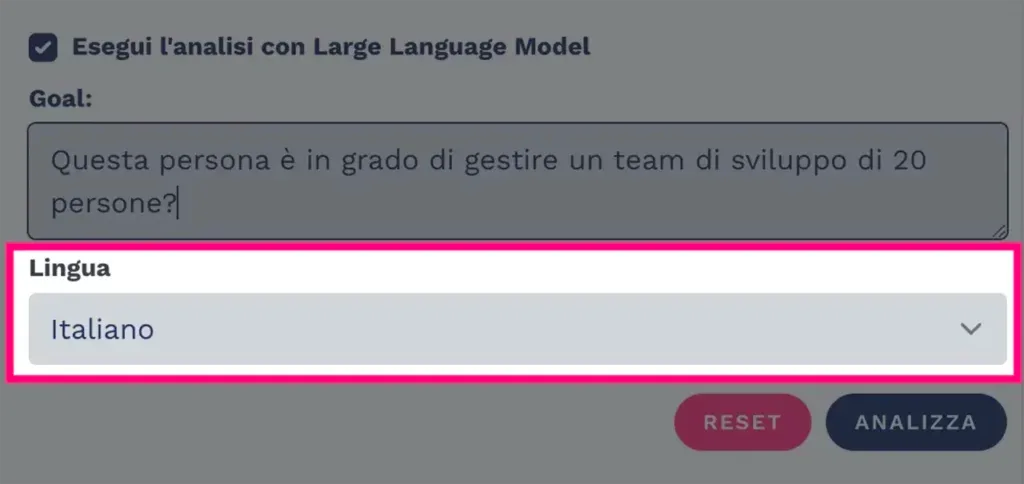 Selezione della lingua per interpretare il profilo psicometrico