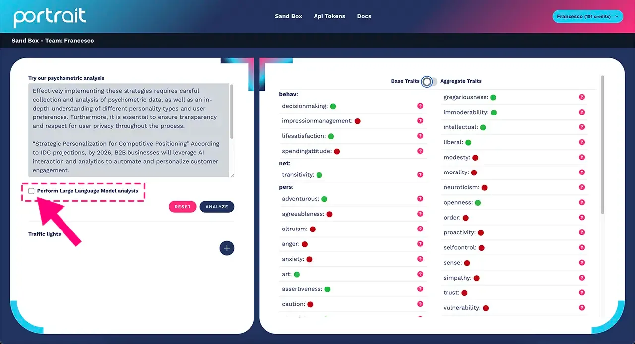 Checkbox to interpret the psychometric profile with a large language model