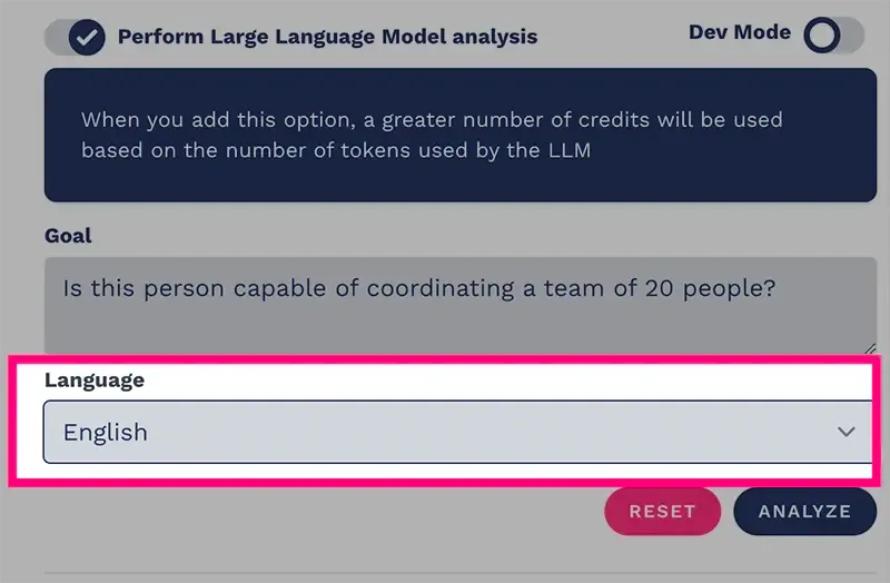 Selecting the language to interpret the psychometric profile