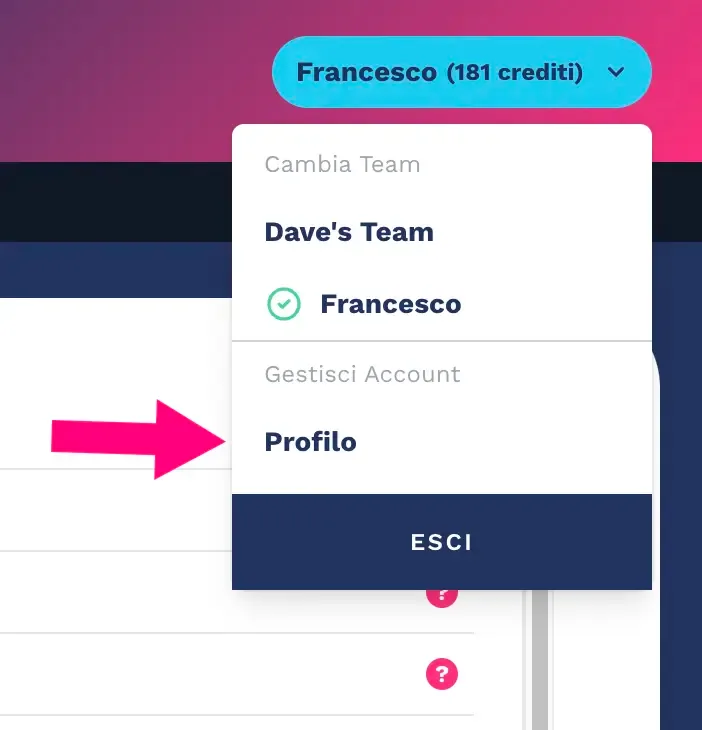 Clicca su profilo per accedere alle impostazioni del profilo utente Portrait