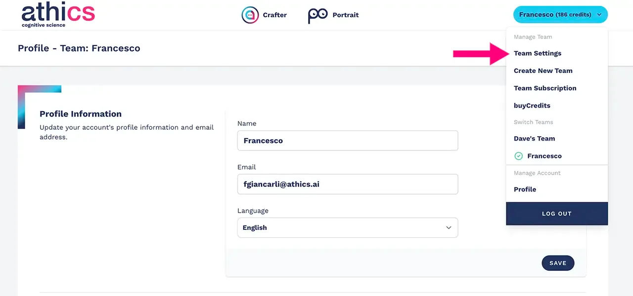 Team settings menu item for psychometric profiling