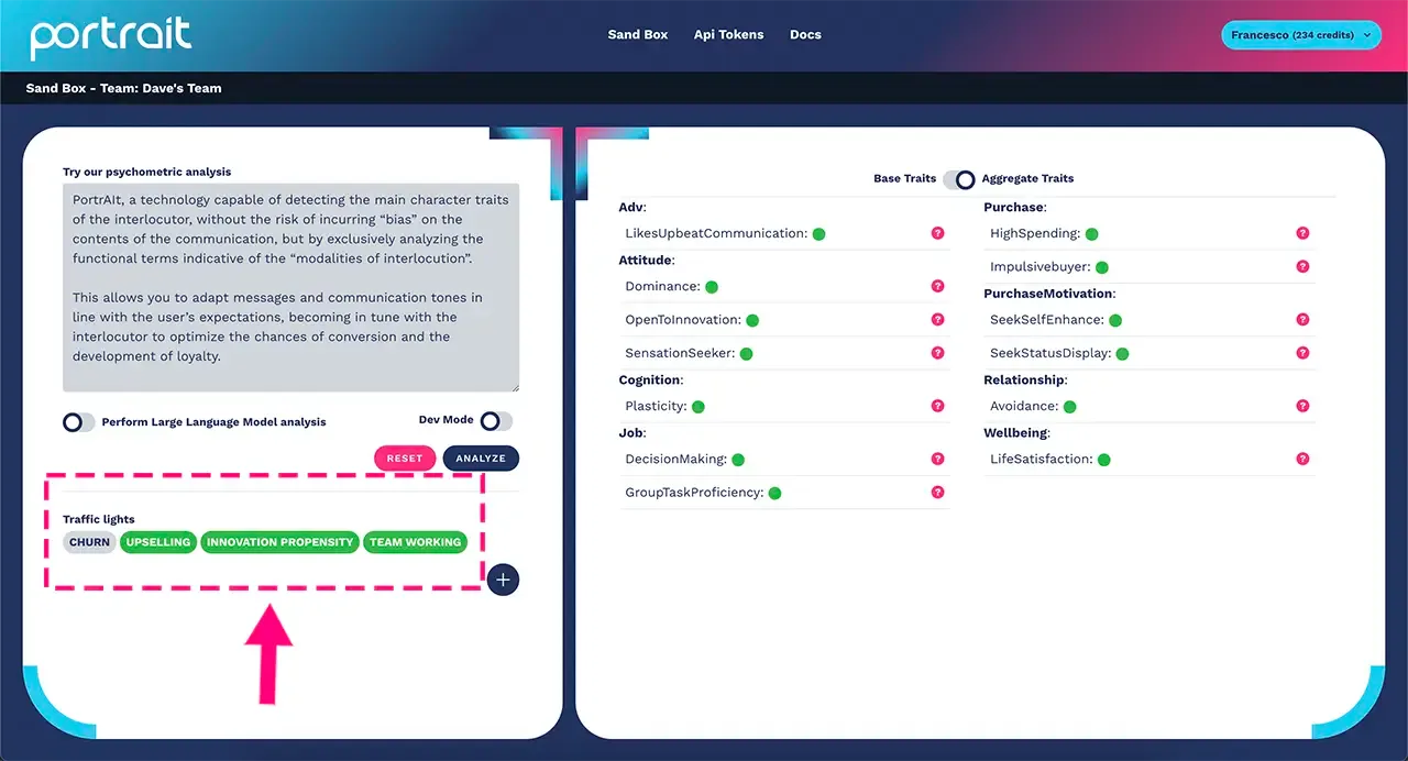 Psychometric traits traffic lights active after a profiling