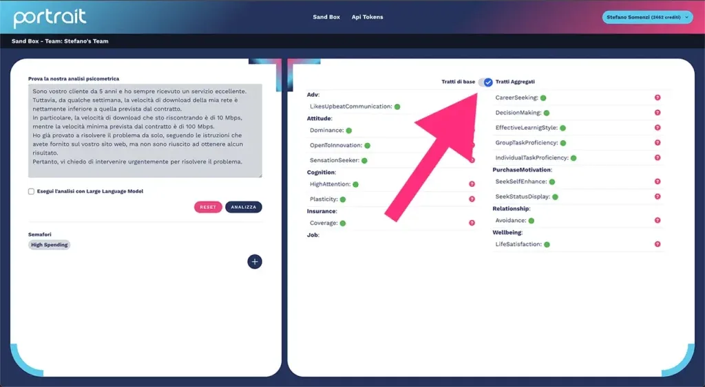 Attivazione del pulsante toggle per usare i tratti psicometrici aggregati nella piattaforma Portrait