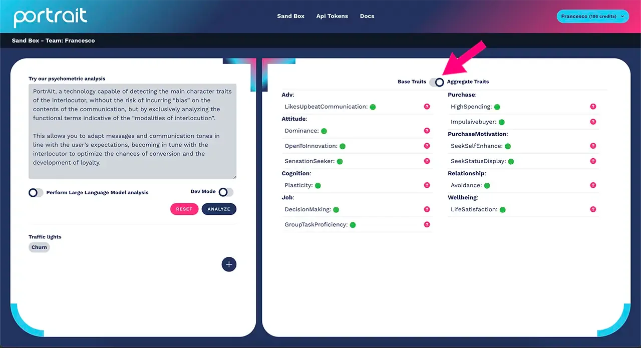 Activating the toggle button to use aggregated psychometric traits in the Portrait platform
